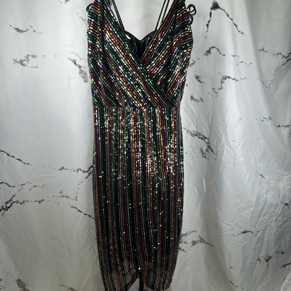 Betsey Johnson Sequin Striped Dress Wrap Rainbow Cocktail Party Spaghetti Strap